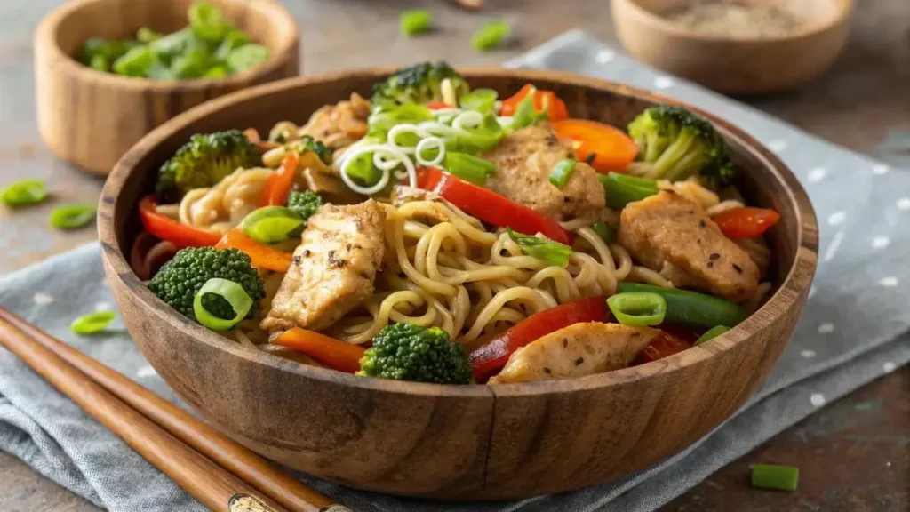 A delicious Chicken Ramen Stir Fry with colorful vegetables and garnishes.