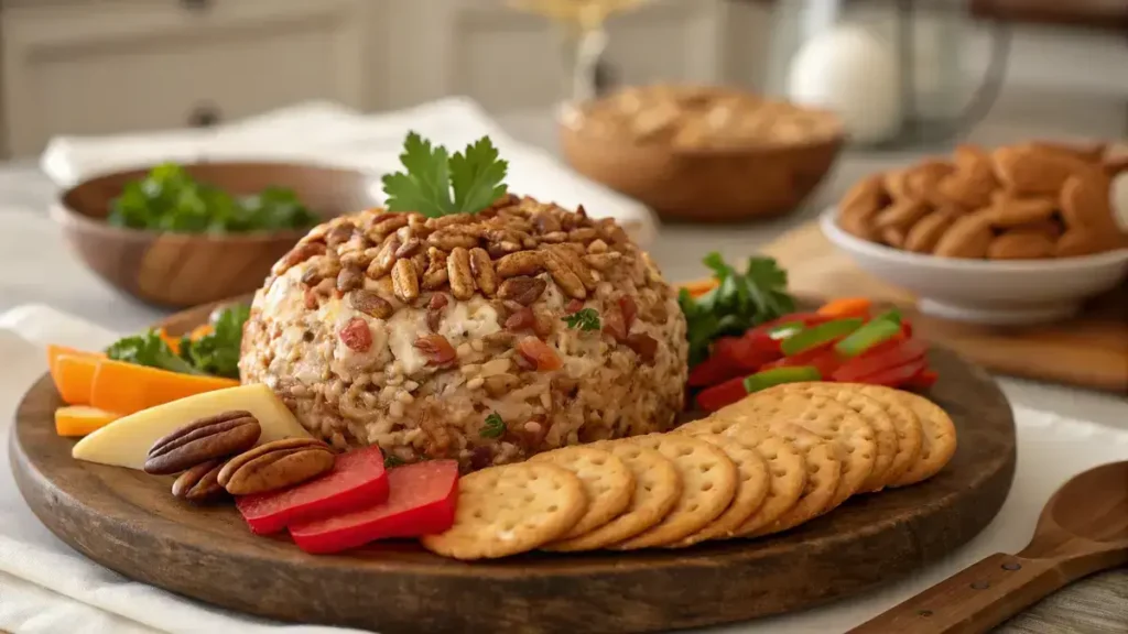 Classic Cheese Ball coated in pecans on a wooden platter with fresh vegetables and crackers.