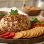 Classic Cheese Ball coated in pecans on a wooden platter with fresh vegetables and crackers.