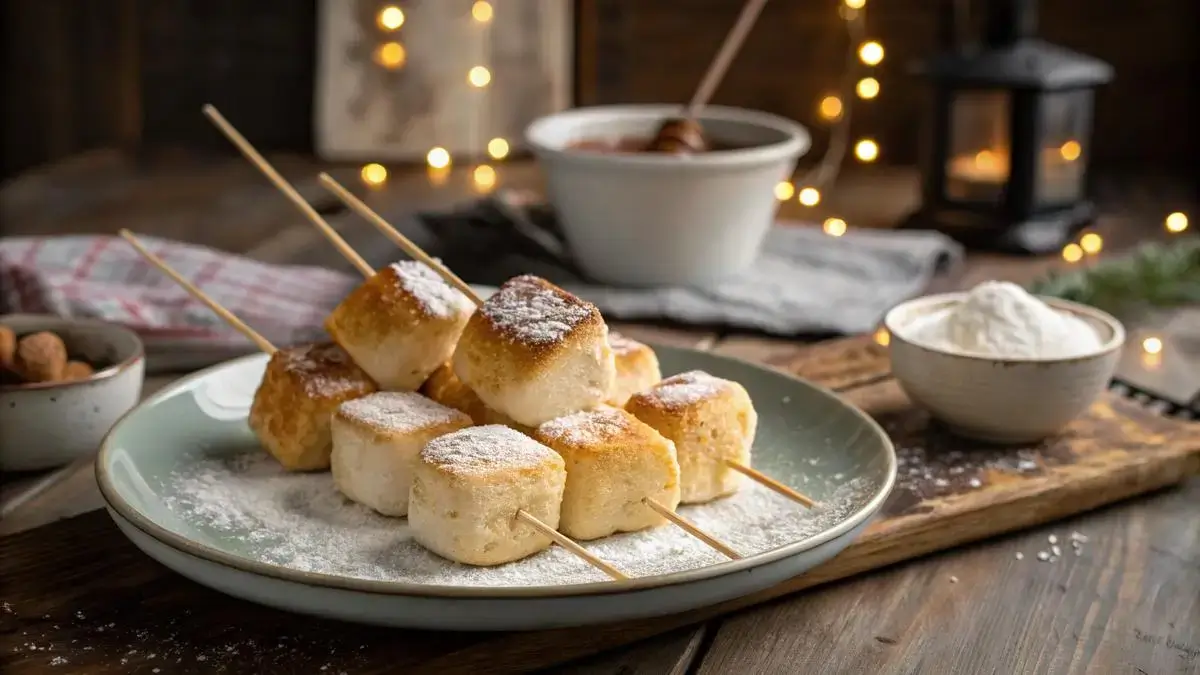 Golden brown deep fried marshmallows skewered on sticks, served on a plate.