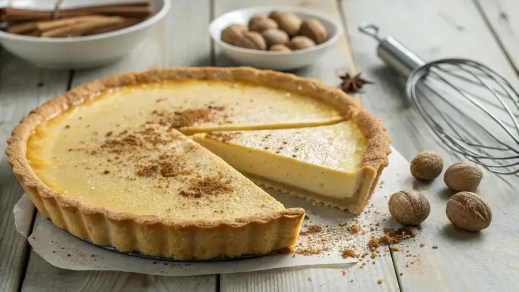 A freshly baked egg custard pie with a golden crust and creamy filling, garnished with nutmeg.