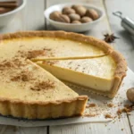 A freshly baked egg custard pie with a golden crust and creamy filling, garnished with nutmeg.