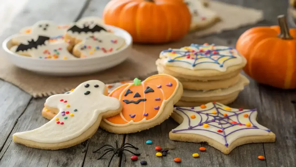 A variety of Halloween cookies shaped like pumpkins, ghosts, and bats, decorated with icing and sprinkles.