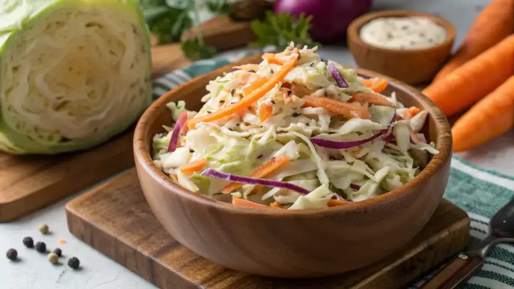 Bowl of KFC Coleslaw with shredded cabbage, carrots, and creamy dressing.