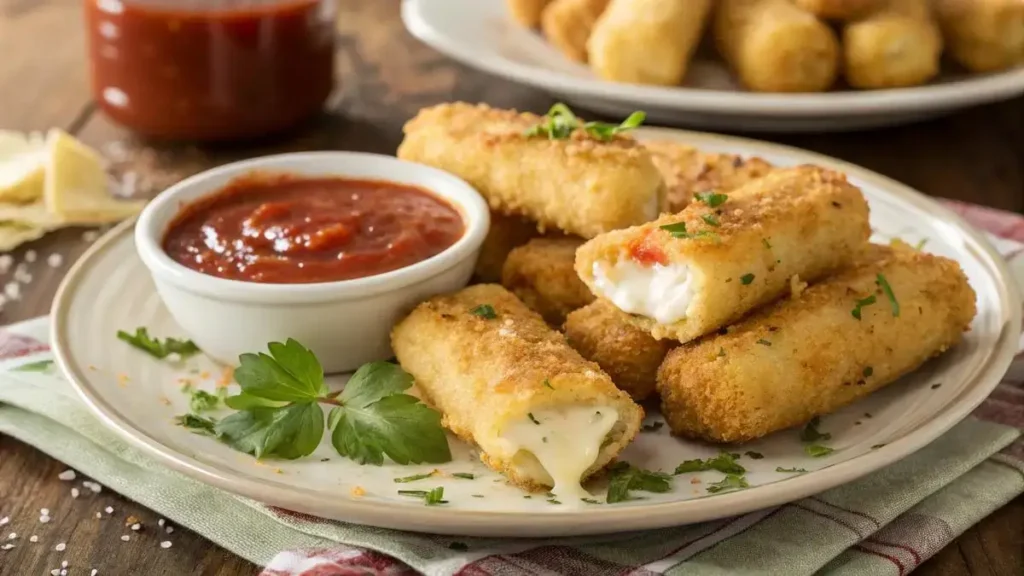 Plate of homemade mozzarella sticks with marinara sauce