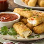 Plate of homemade mozzarella sticks with marinara sauce