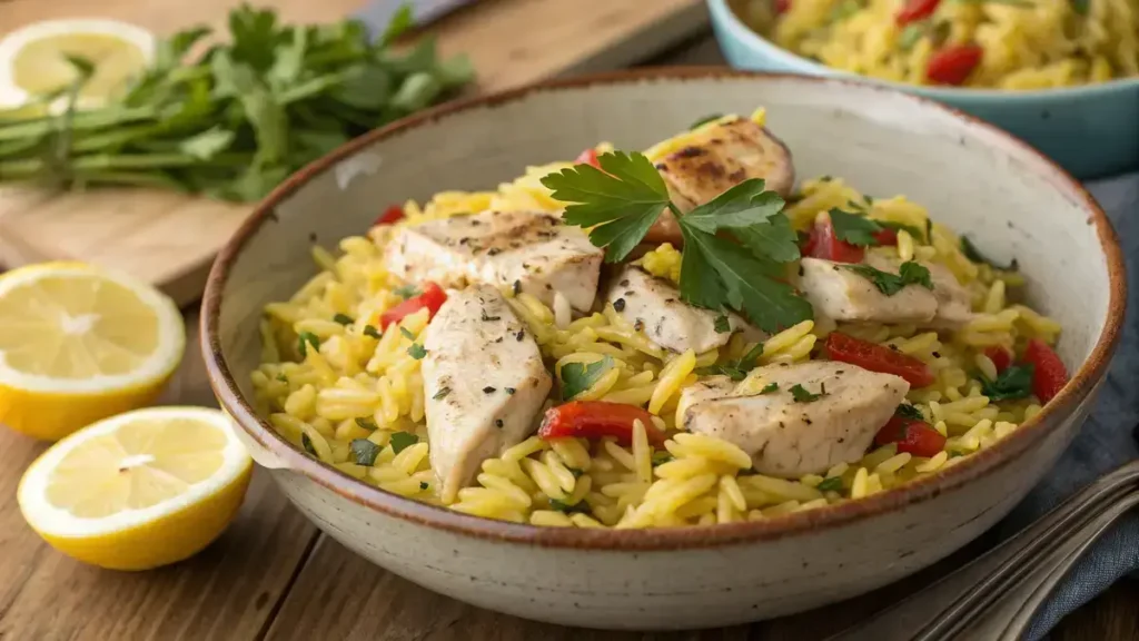 A bowl of lemon chicken orzo with chicken pieces, orzo pasta, and fresh parsley garnish.