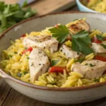 A bowl of lemon chicken orzo with chicken pieces, orzo pasta, and fresh parsley garnish.