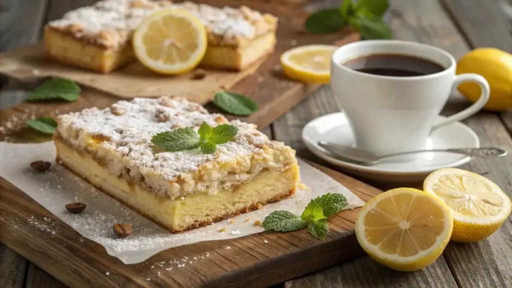 Lemon coffee cake with a slice cut out, surrounded by fresh lemons and a cup of coffee.