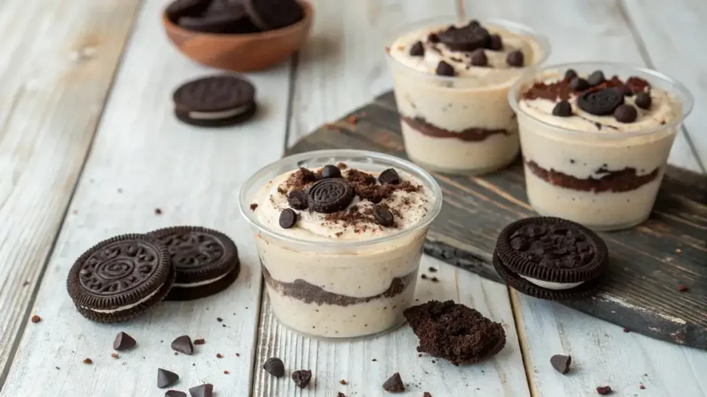 Oreo Dessert Cups filled with cream cheese filling and topped with crushed Oreos on a wooden table.