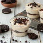 Oreo Dessert Cups filled with cream cheese filling and topped with crushed Oreos on a wooden table.