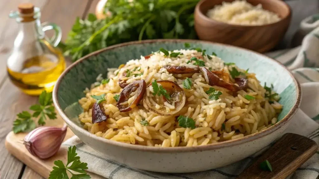 A bowl of Orzo Pasta garnished with parsley and Parmesan cheese, surrounded by fresh ingredients.