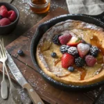 Oven-Baked Pancake topped with fresh berries and maple syrup in a cast-iron skillet.