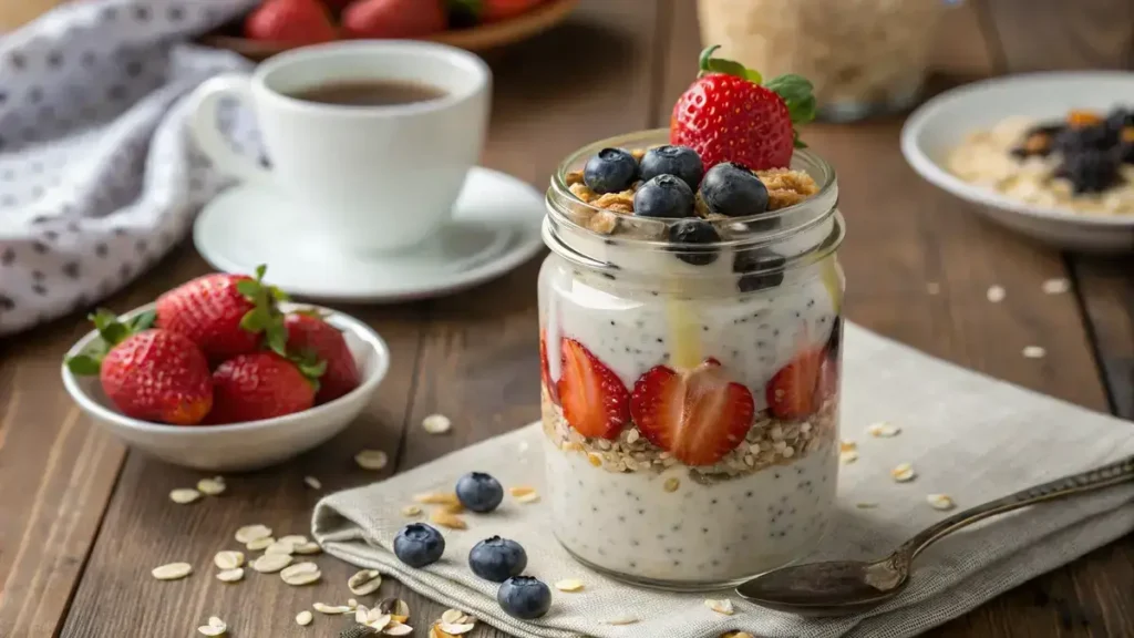 A jar of overnight oats topped with fresh fruits and nuts on a wooden table.