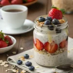 A jar of overnight oats topped with fresh fruits and nuts on a wooden table.
