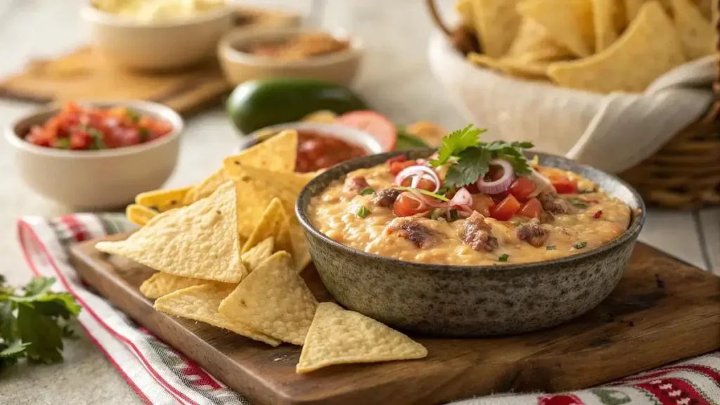 A bowl of ROTEL DIP with tortilla chips on a wooden table.