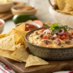 A bowl of ROTEL DIP with tortilla chips on a wooden table.