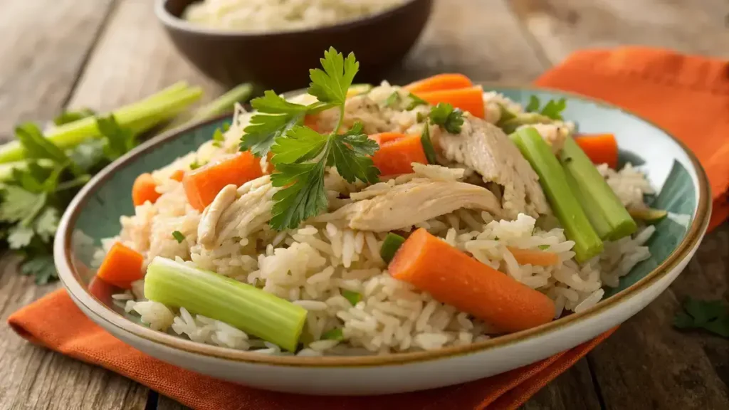 A delicious serving of slow cooker chicken and rice with vegetables and parsley garnish.