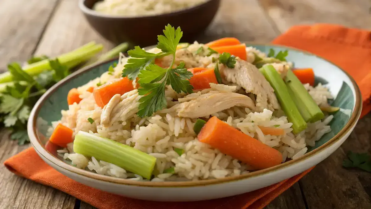 A delicious serving of slow cooker chicken and rice with vegetables and parsley garnish.