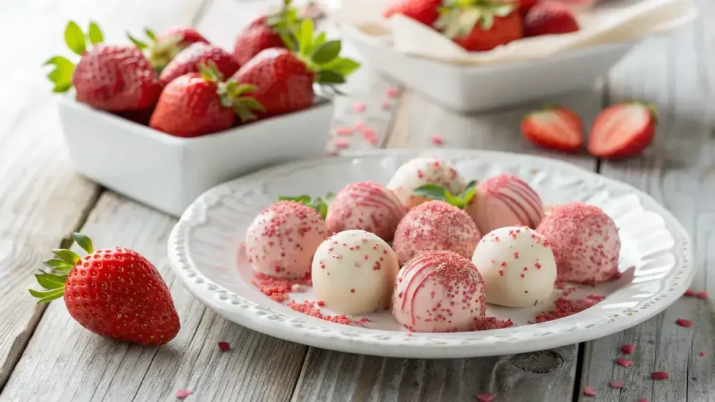 Plate of strawberry truffles coated in pink strawberry powder with fresh strawberries around them.