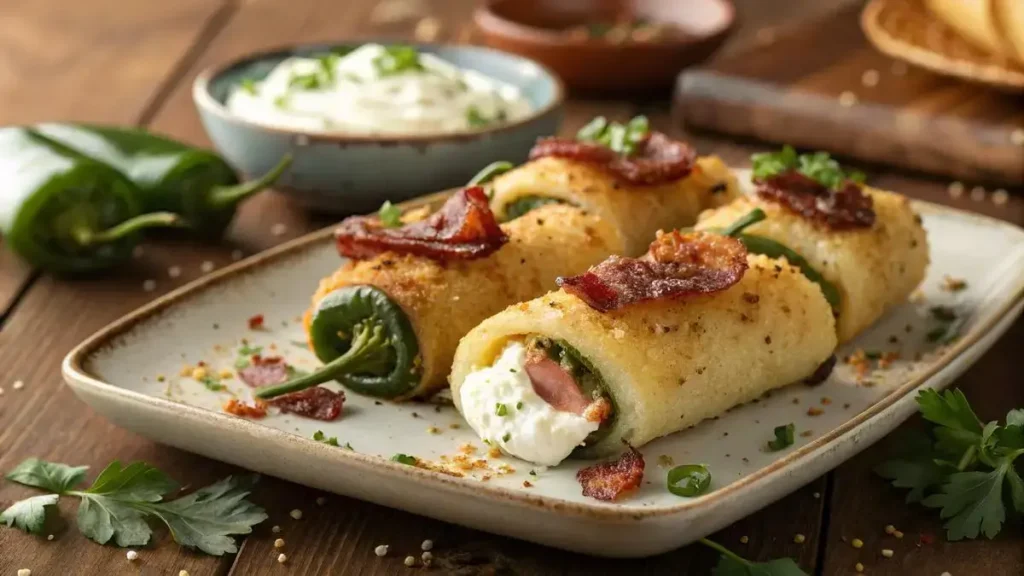 Plate of Texas Twinkies with dipping sauce and garnished with green onions.
