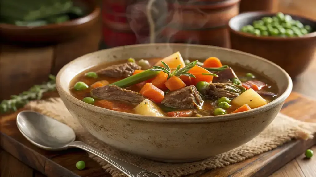 A hearty bowl of Vegetable Beef Soup with vibrant vegetables and beef chunks.