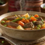 A hearty bowl of Vegetable Beef Soup with vibrant vegetables and beef chunks.
