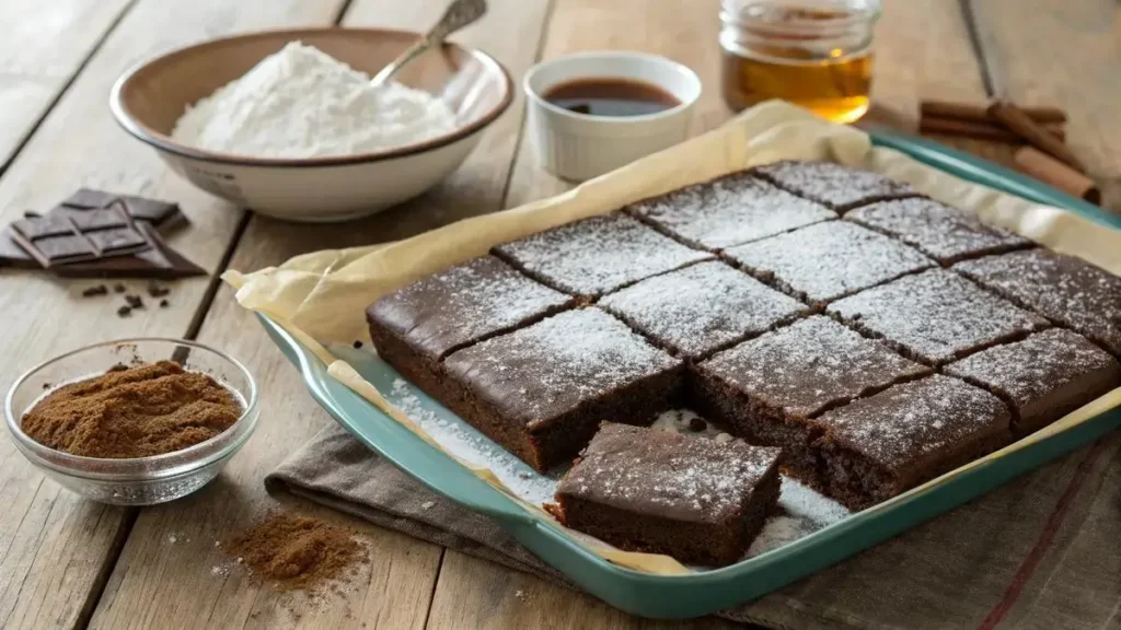 A slice of Wacky cake on a wooden table, showcasing its fluffy texture and topped with powdered sugar.