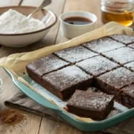 A slice of Wacky cake on a wooden table, showcasing its fluffy texture and topped with powdered sugar.