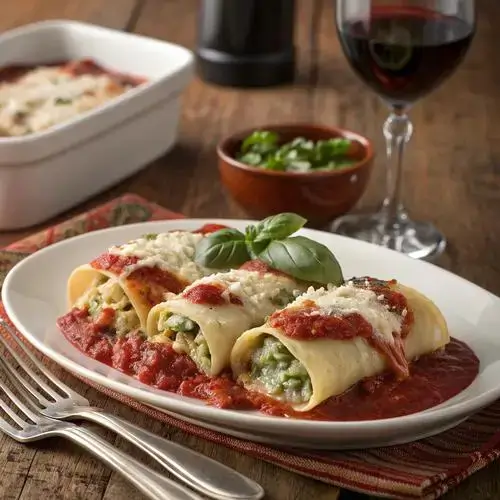 Plate of LASAGNA ROLL-UPS garnished with basil and served with marinara sauce.