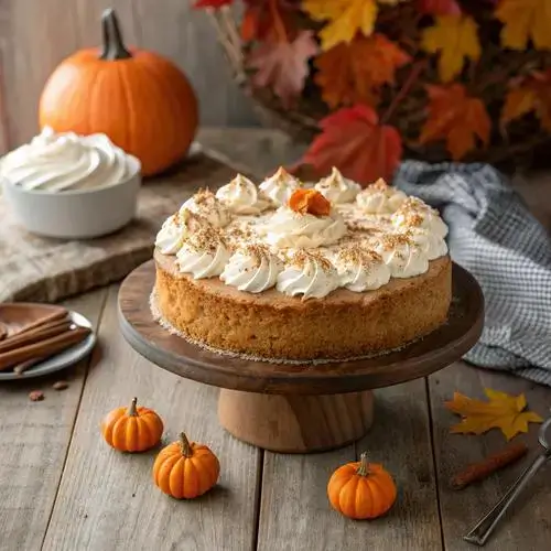 Pumpkin Poke Cake served on a rustic table with autumn decorations.