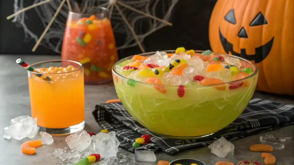 A large punch bowl filled with Halloween Sherbet Punch, featuring colorful sherbet and gummy worms.