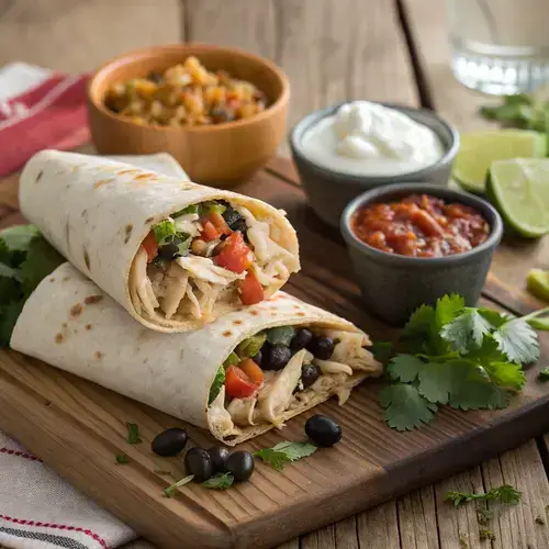 Chicken Burrito with vibrant ingredients displayed on a rustic table.