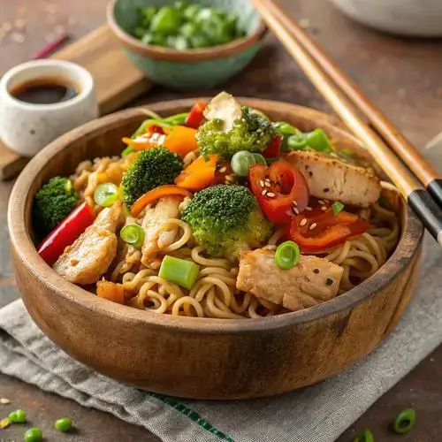 A bowl of Chicken Ramen Stir Fry showcasing noodles, chicken, and fresh vegetables.