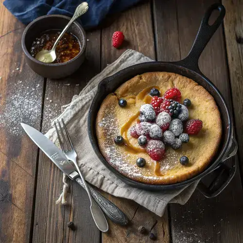 Golden brown Oven-Baked Pancake served with powdered sugar and berries.