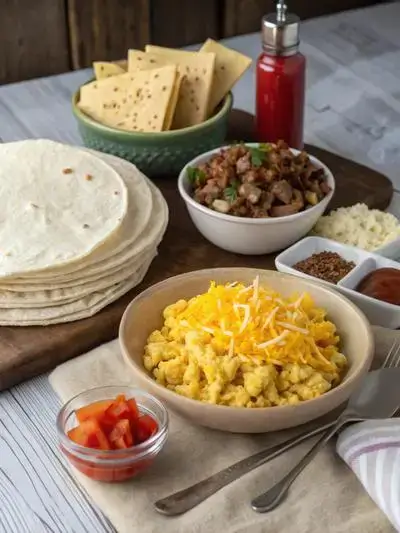 Ingredients for Breakfast Burritos displayed on a kitchen table.