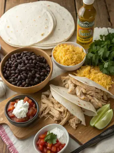 Colorful ingredients for a Chicken Burrito arranged on a kitchen table.