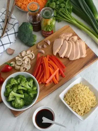 A colorful assortment of ingredients for Chicken Ramen Stir Fry on a kitchen table.