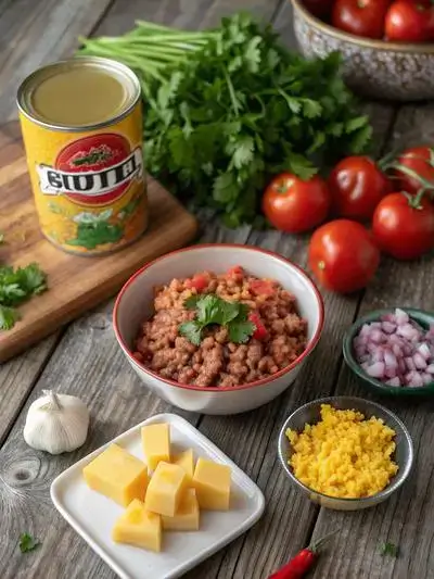 Fresh ingredients for ROTEL DIP displayed on a kitchen table.