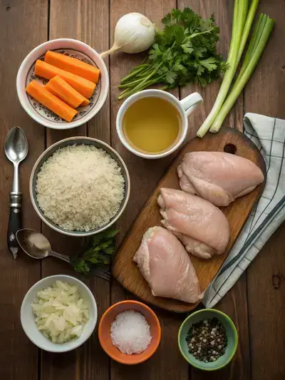 A variety of fresh ingredients for slow cooker chicken and rice displayed on a kitchen table.