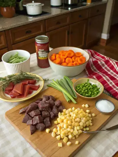 A variety of fresh ingredients for Vegetable Beef Soup displayed on a kitchen table.