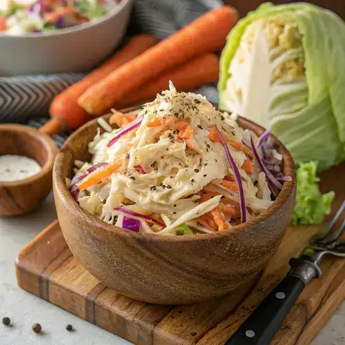 Freshly prepared KFC Coleslaw in a rustic bowl with ingredients around it.