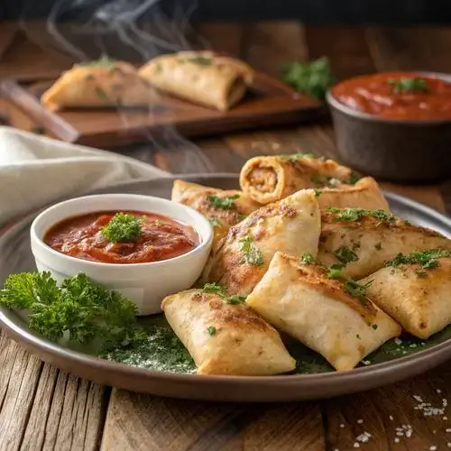 Golden air fryer pizza rolls served with dipping sauce on a kitchen table.