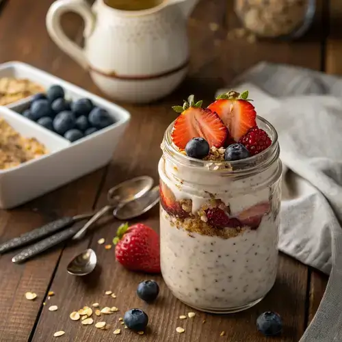 Healthy overnight oats in a jar with fruits and nuts on a rustic table.