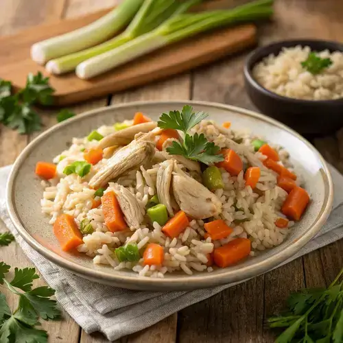 A close-up of slow cooker chicken and rice, showcasing the shredded chicken and colorful vegetables.