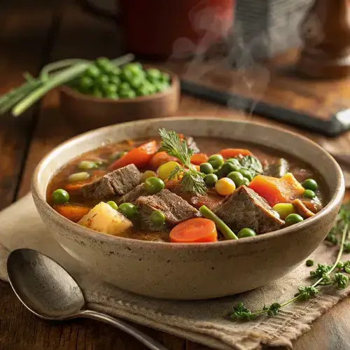 Close-up of Vegetable Beef Soup showcasing colorful ingredients and steam rising.