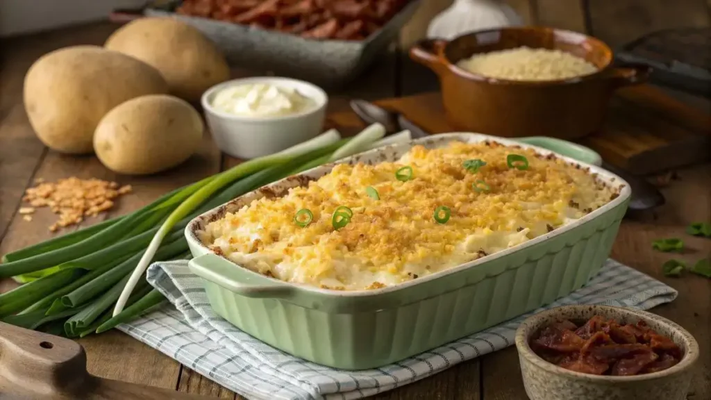 Delicious Mashed Potato Casserole topped with cheese and breadcrumbs, served in a baking dish.