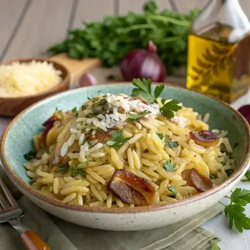 Close-up of Orzo Pasta with a sprinkle of Parmesan and fresh parsley on top.