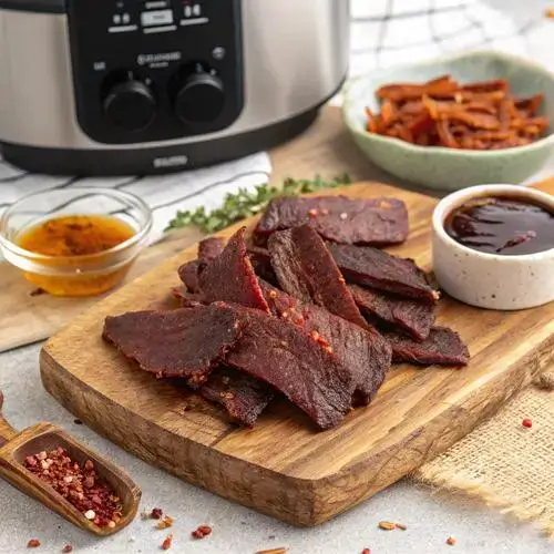 Close-up of Air Fryer Beef Jerky on a wooden board with marinade ingredients.