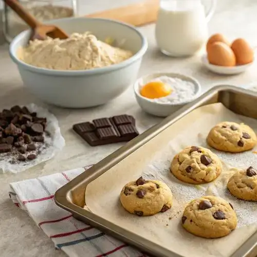 Ingredients for COOKIE DOUGH cookies displayed with baked cookies on a rustic table.